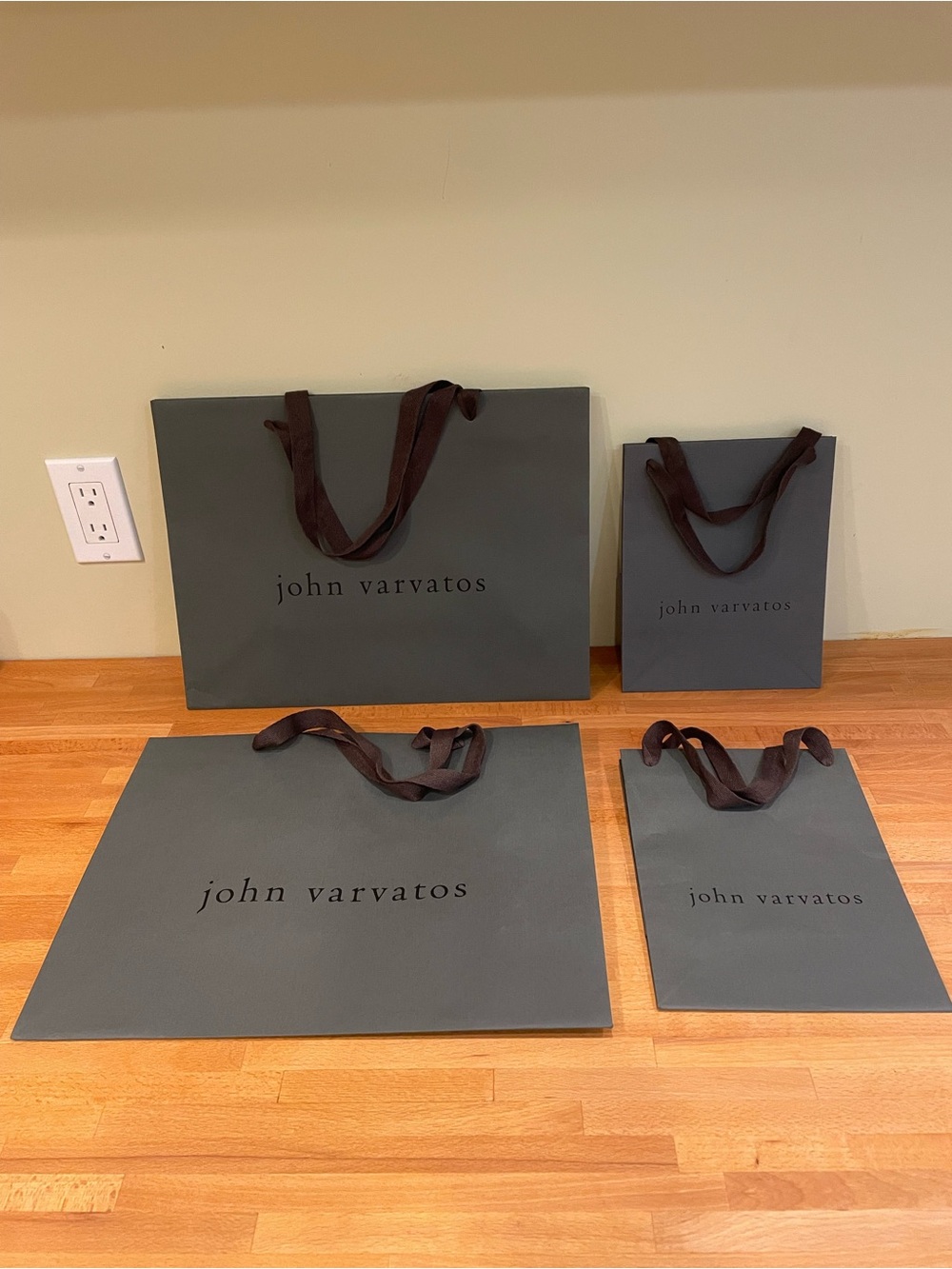John Varvatos Gray Paper Shopping Bags with Brown Ribbon Handles - Set of Four